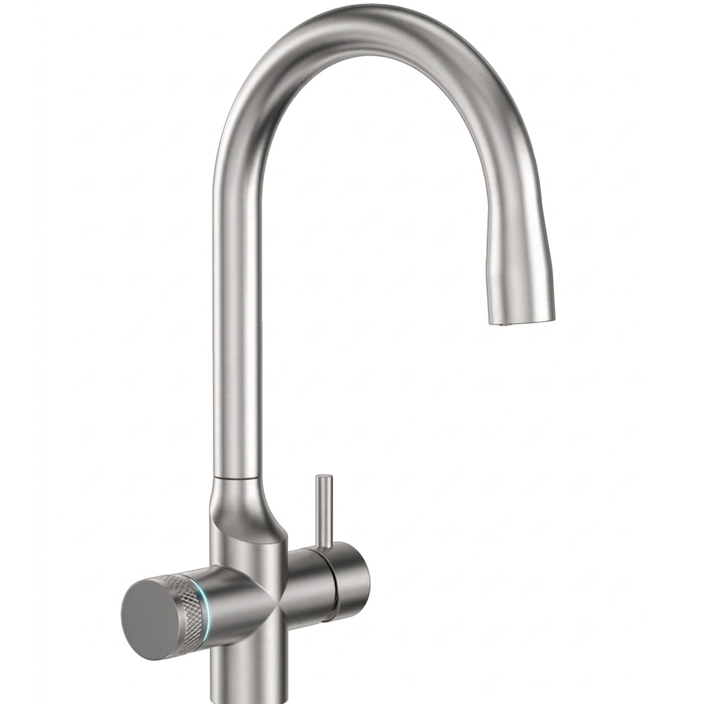 Filt-Wave Smart-Wasserhahn Detailansicht in gebürstetem Edelstahl